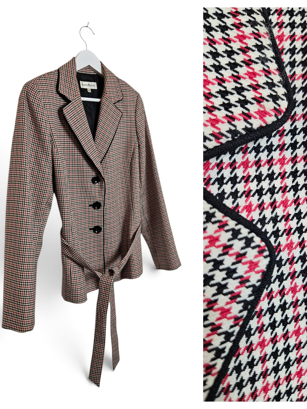Vintage Evan-Picone Blazer Size 8 Houndstooth Belted Tailored Red Black & White